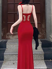 pantsparadises Sexy Hollow Butterfly Backless Dresses Women Y2K Summer Elegant Outfits Lady Red Maxi Dress Bodycon Birthday Party Club Sundress