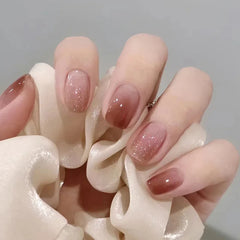 24P Short Round Press On Nails Art Simple Skip-color Red-brown Full Cover Artificial Fake Nails Gradient Whiten False Nail Tips