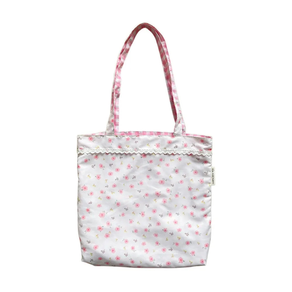 pantsparadises Pink Floral Canvas Shoulder Bag Handbag Korean Travel Beach Bag Double-sided Shopping Totes Bag Girl Lace Underarm Bag