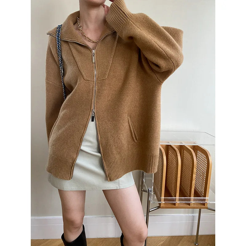 pantsparadises Women Autumn Knitted Turn Down Collar Cardigans Zip Design Long Sleeve Women Sweater Cardigans Coat