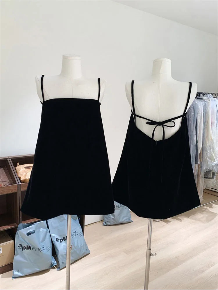 Women Black Tank Top Vintage High Quality Backless Camisole Lace Up Bow 90s Fashion Off Shoulder Vest Casual Streetwear Gothic