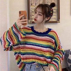 pantsparadises Rainbow Ladies Sweater Kawaii Tops with Headings Harajuku Crochet Knitted Sweaters for Women Cute Cashmere Autumn Trend New