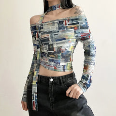 pantsparadises Y2K Coquette Mesh Printed Slash Neck Crop Tops 2000s Aesthetics Long Sleeve Slim T-Shirt Chic Streetwear Woman Clothing