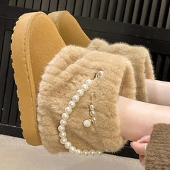 pantsparadises Winter New String Bead Plush Women's Boots Warm Stylish Thick Platform Slip On Boots Faux Fur Plus Size 43 Ankle Botas Shoes