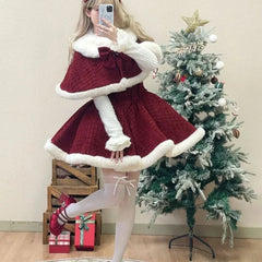 pantsparadises Christmas Outfits Sweet Lolita Style Dress Sets Women Elegant Bow Plush Shawl Short Jackets Mini Skirts Suit Kawaii Christmas New Year 3 Piece Set