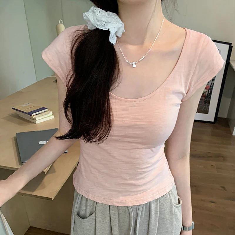 pantsparadises Solid Basic Round Collar Short Sleeve T Shirts Womens 2024 New Summer Cozy Slub Cotton Slim Tee Shirt Female Casual Short Tops