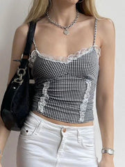 pantsparadises Sweet Patchwork Lace Trim Camis Top Sexy Slim Slash Neck Sleeveless Tank Tops Women 2024 Summer Fashion Streetwear Lady