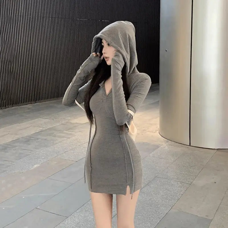 pantsparadises Spring Autumn Fashion New Korean Style Soft Girl Tight Sexy Wrapped Hip Skirt Women's Hooded Long Sleeved Solid Color Dress