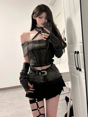 pantsparadises trashy outfits Spring/Summer New Sexy One Shoulder Short Sleeve Slim Retro Top Splicing Short Skirt Set Spicy Girl Two Piece Sets Women Outfits