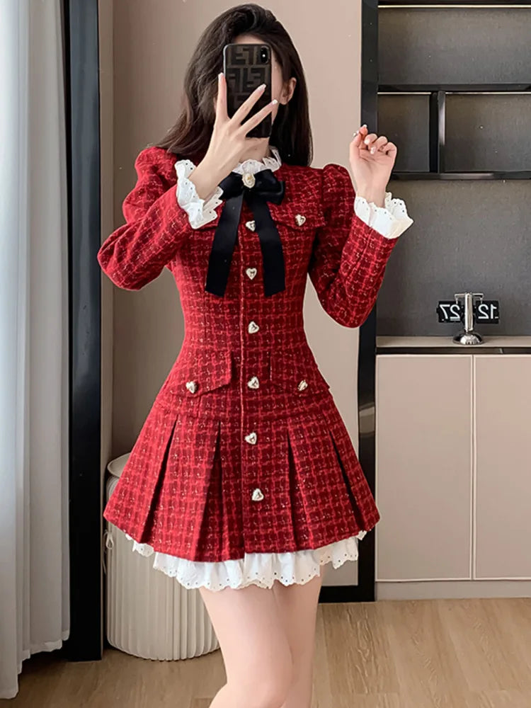 pantsparadises French Light Luxury Tweed Pleated Dress Korean Sweet Long Sleeve Heart-shaped Buckle Ruffle Chic Office Ladies Vintage Dresses