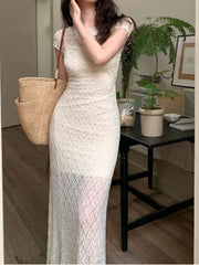 pantsparadises DRESS TO IMPRESS Summer 2000s Vintage Y2k Bodycon Dresses Korean Beige 2 Piece Dress Sets Frence Retro Elegant Original Design Lace Flowers Dress