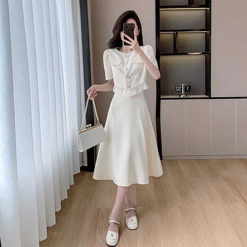 pantsparadises French Vintage Solid Womens Midi Dress Short Sleeve O-neck Elegant Slim Summer Fashion Office Ladies Two Piece Set Clothing