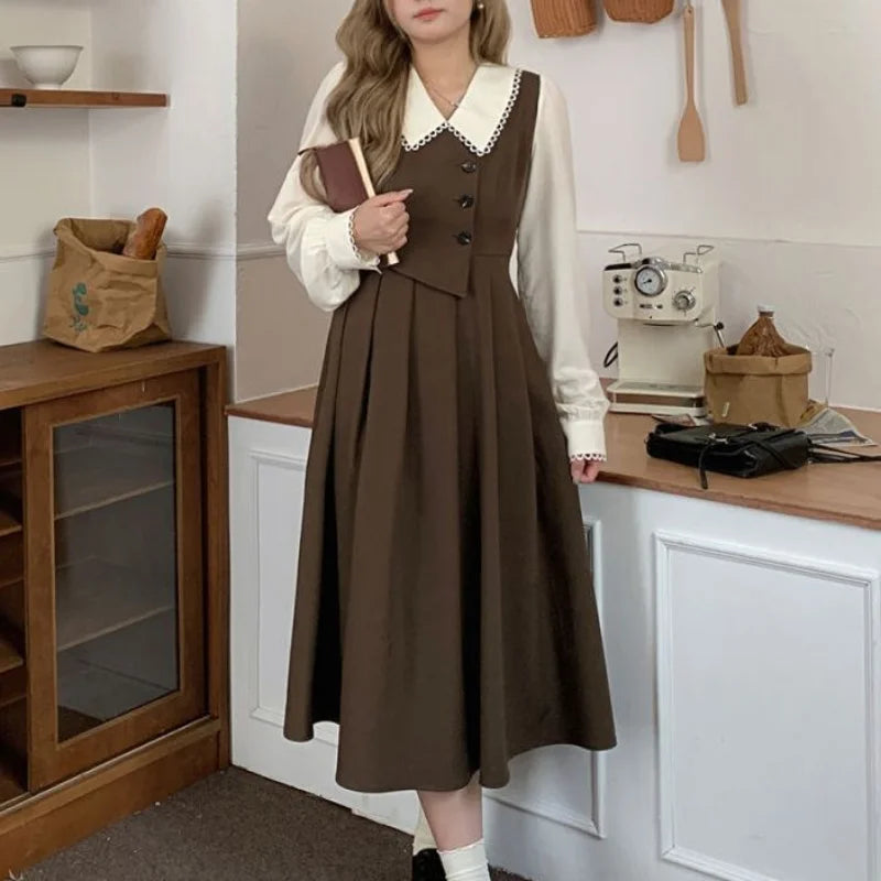 pantsparadises DRESS TO IMPRESS Dresses Women Fake Two Piece Temper Designer Aesthetics Peter Pan Collar Preppy French Personal Vintage Vestidos Elegant