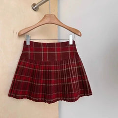 pantsparadises Japanese Style Retro Spicy Girl Plaid Pleated Skirt Autumn Winter College Style Woolen Mini Skirt High Waiste Sweet Kawaii Skirt