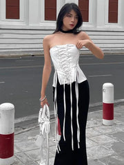 pantsparadises Streetwear Lace -up Bandage Corset Bodycone Off Shoulder Chic Aesthetic Y2K Crop Top Women Korean Summer Bustiers Camis