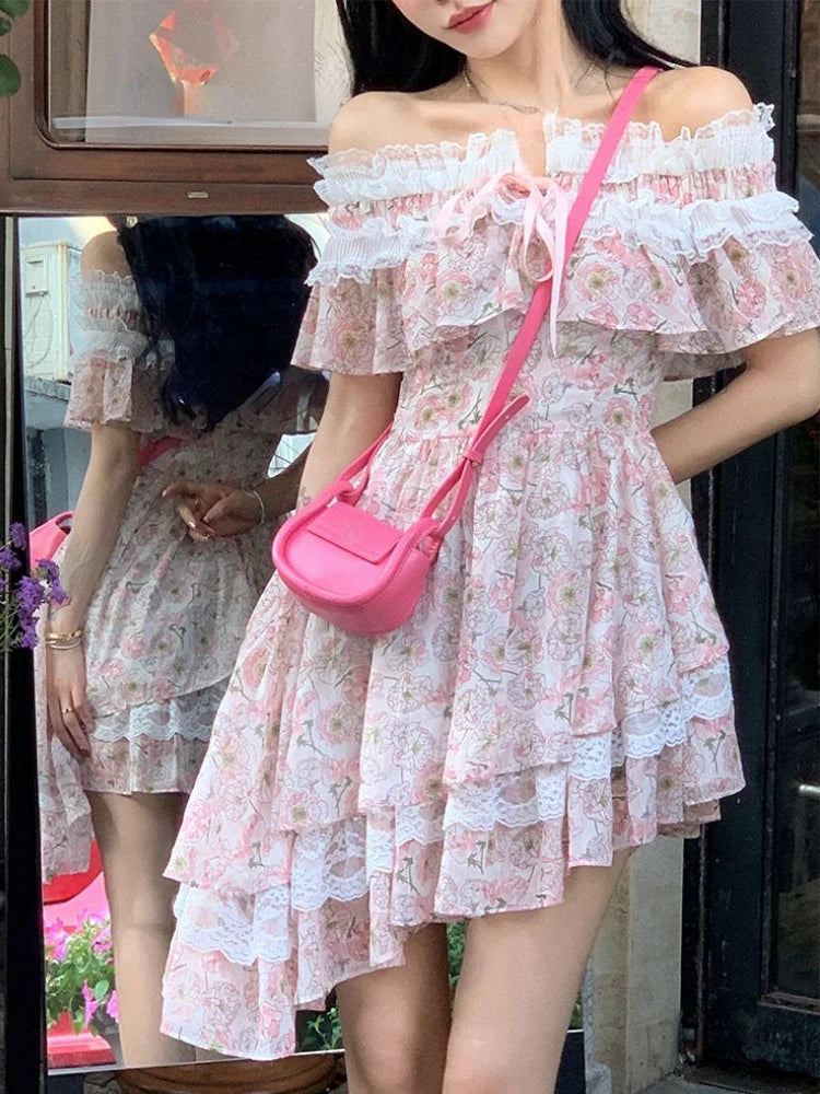 Summer Sweet Floral Lace Irregular Dress Women Beach Style Elegant Y2k Dress Casual One Piece Dress Korean Fashion Outwear