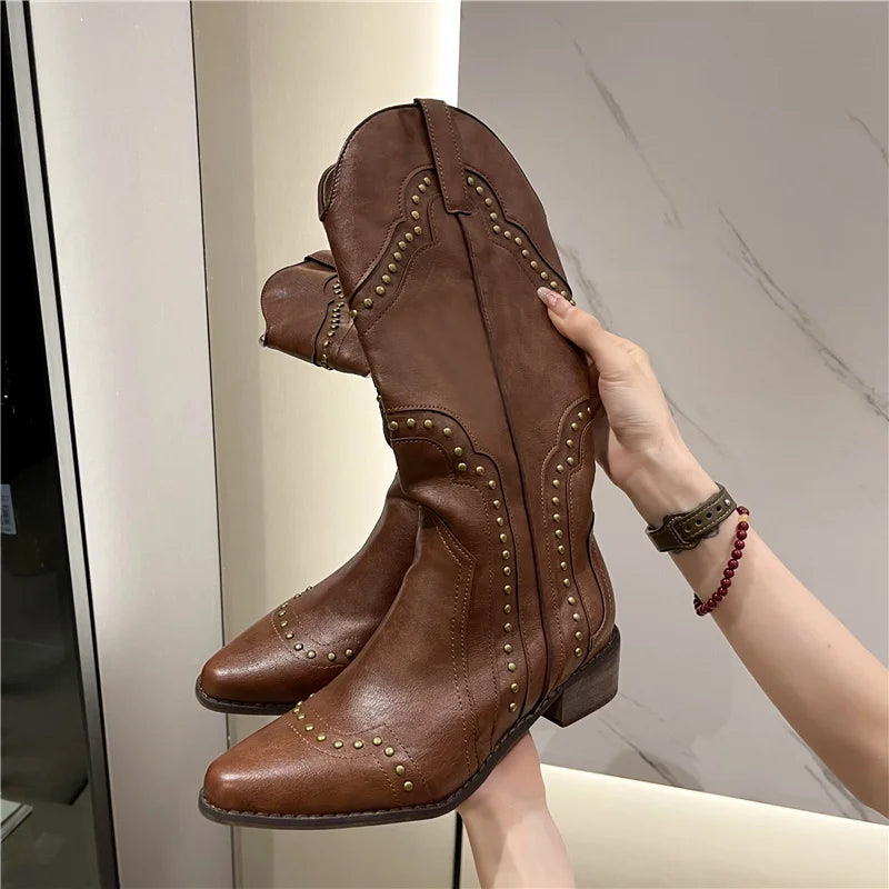 pantsparadises Studded Boots Women Low Heel Cowboy Chelsea Western Short Leather Knee High Luxury Designer Gothic New Rock Shoes Vintage