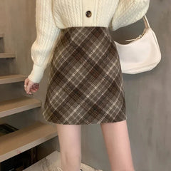 Skirts Women Woolen Tender Fashion High Waist Retro Plaid Elegant A-line Casual Ladies Minimalist All-match Autumn Korean Style