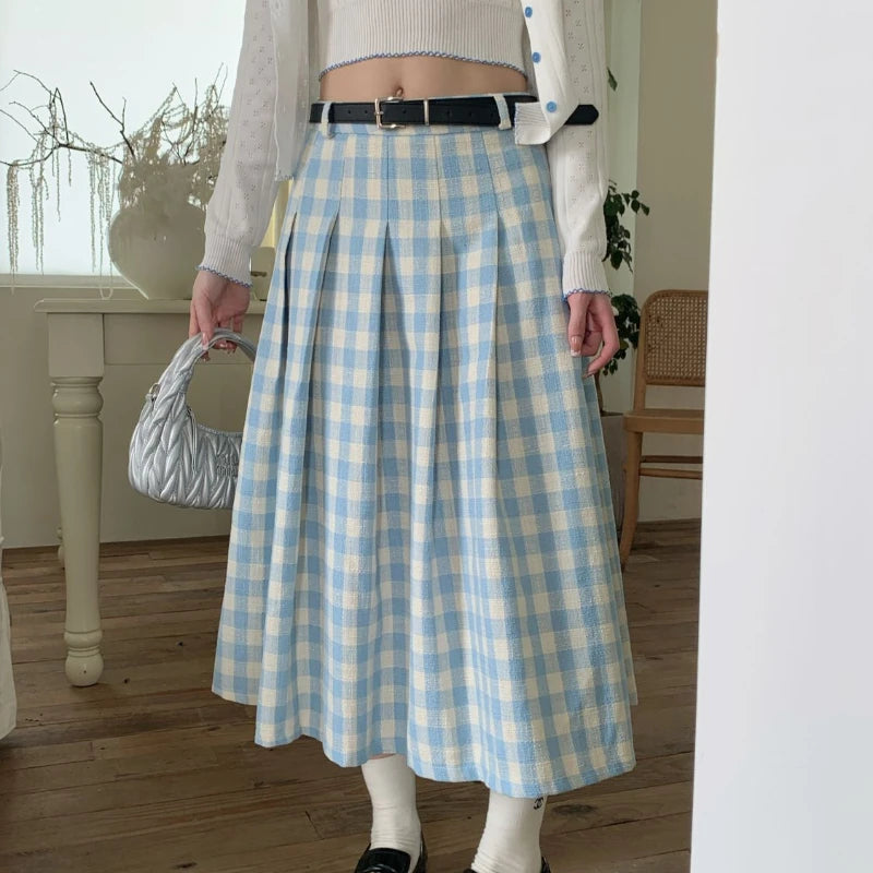 pantsparadises Preppy Style Plaid Long Skirt Women Sweet Elegant Vintage Pleated Skirt High Waist Autumn Winter Retro A-line Skirts