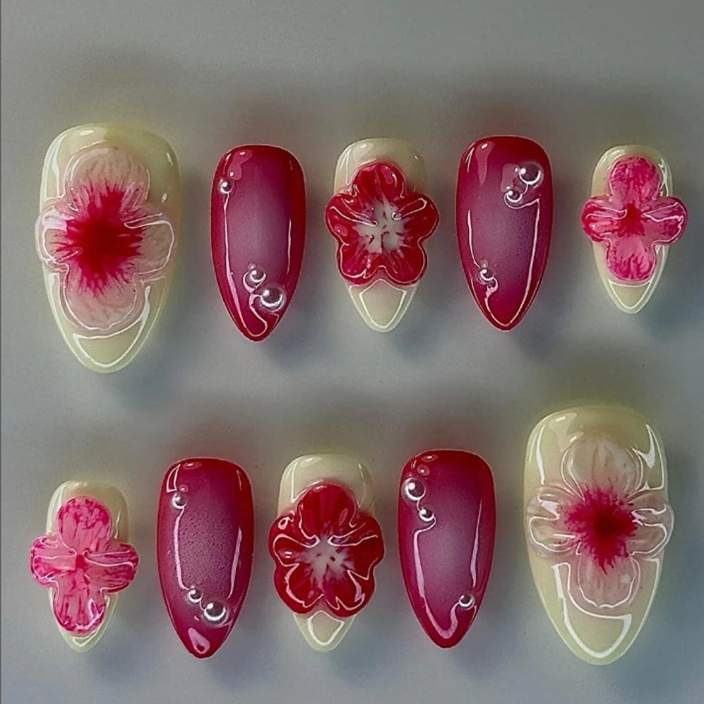 10Pcs Handmade Manicure Medium Almond Ballet Fake Nails Flower Limite Nails Press On Nails Design with Adhesive Nail File Set