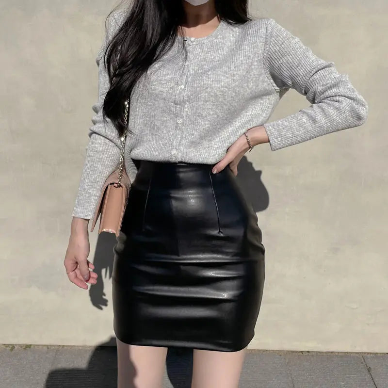 pantsparadises Black Mini Pu Leather Skirt Women Korean Fashion High-Waisted Elasticity Punk Style Bodycon Goth Sexy Skirts Female