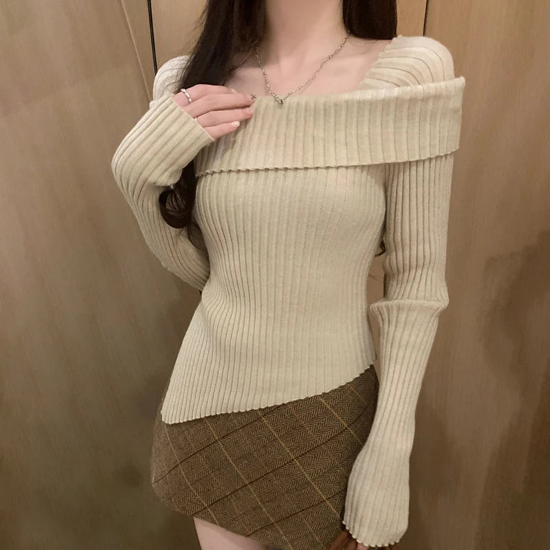 pantsparadises Women Knitted Sweater Solid Color Square Collar Long Sleeve Asymmetrical Hem Crop Top y2k Aesthetic Clothing Streetwear