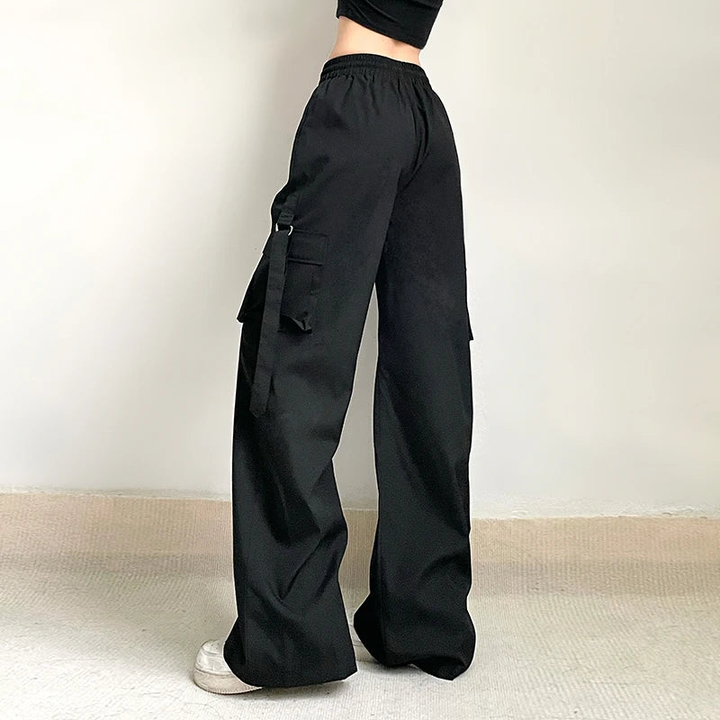 pantsparadises Black Baggy Cargo Pants Harajuku Low Rise Loose Straight Pants Korean Style Streetwear y2k Trousers Aesthetic Women Basic