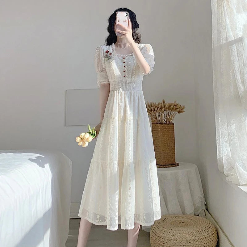 pantsparadises Vintage Lace Fairy Midi Dress Women Summer French Floral Elegant Party Princess Dress Ladies Party One-piece Dress Korean