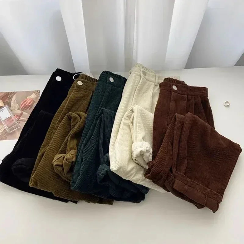 pantsparadises casual winter outfits Retro High Waist Corduroy Pants Women Spring Fall Straight Causal Full Length Trousers Korean Fashion Baggy Outwear Pant