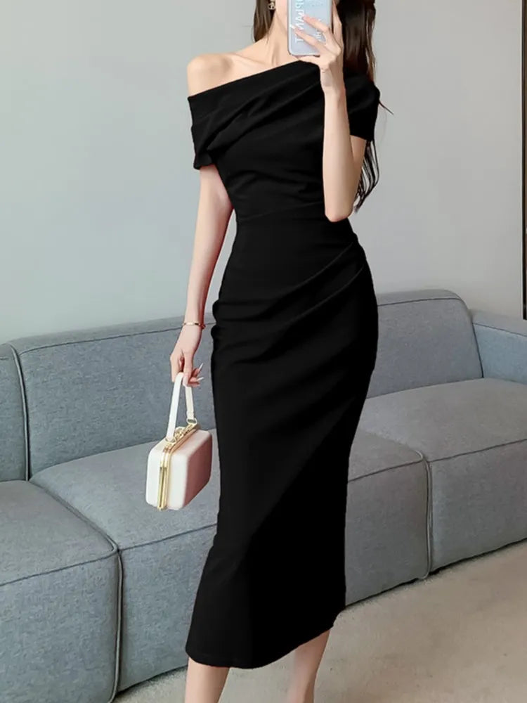 pantsparadises DRESS TO IMPRESS Elegant Off Shoulder Evening Party Dresses Women Summer Fashion Slim One Piece Solid Vestidos Korean Graduation Robe Clothing