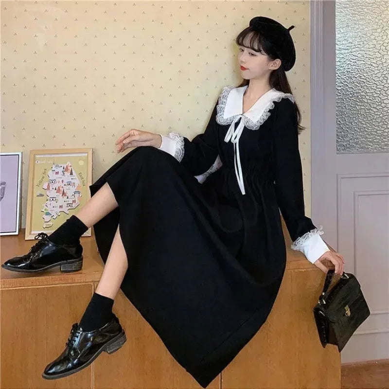 pantsparadises holiday dress New Vintage Shirt Dress Women Autumn Spring Long Sleeve Robe Kawaii Lolita Elegant Midi Dresses Korean Fashion Vestido платье