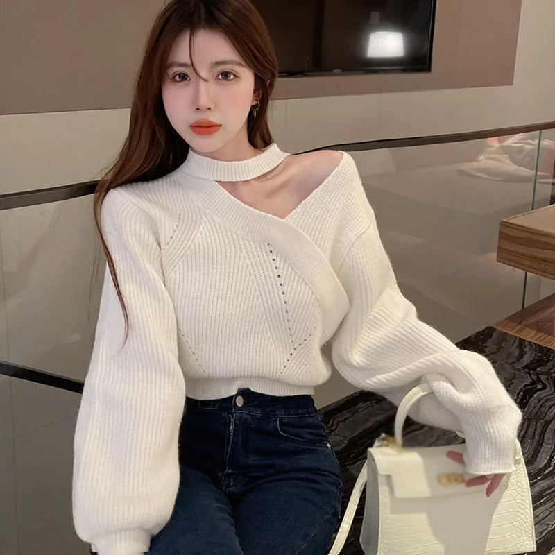 pantsparadises Women Christmas Sweater Autumn Winter Long Sleeved Sweater  Warm V-neck Off Shoulder