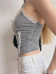 pantsparadises Sweet Patchwork Lace Trim Camis Top Sexy Slim Slash Neck Sleeveless Tank Tops Women 2024 Summer Fashion Streetwear Lady