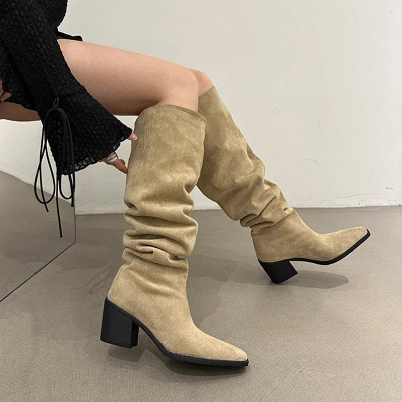 pantsparadises Designer Vintage Women Knee High Boots Fashion Slip On Long Booties Autumn Winter Thick Heels Ladies Shoes