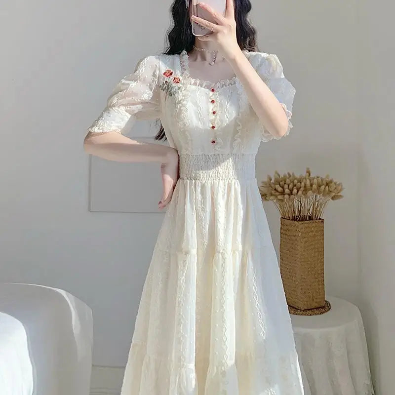 pantsparadises Vintage Lace Fairy Midi Dress Women Summer French Floral Elegant Party Princess Dress Ladies Party One-piece Dress Korean