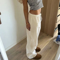 pantsparadises Cotton Linen Drawstring Straight-leg Pants Coquette Y2K Aesthetics  Wide Leg Trousers Fashion Solid Harajuku Women