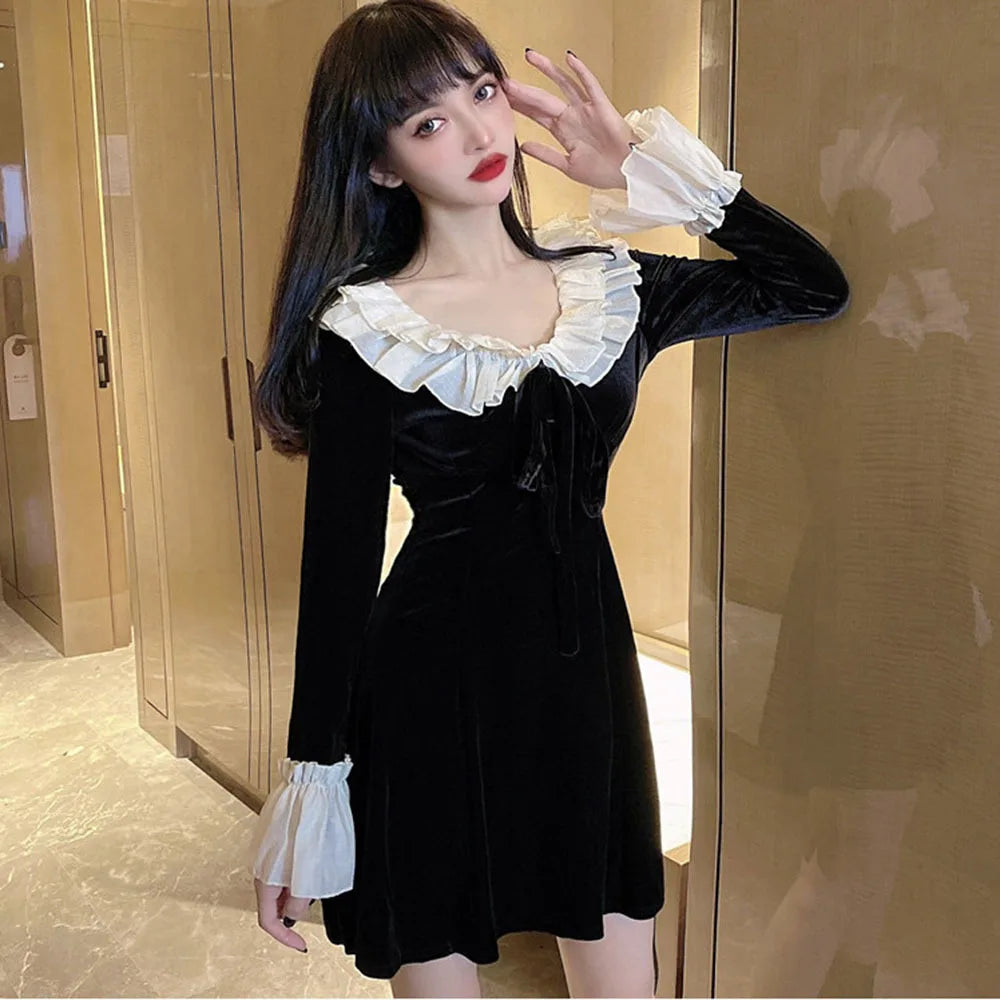 pantsparadises Christmas Red Dress Woman Autumn French Ruffle Velvet Splice Dress Ladies Flared Sleeve Bow Slim Party Mini Dress