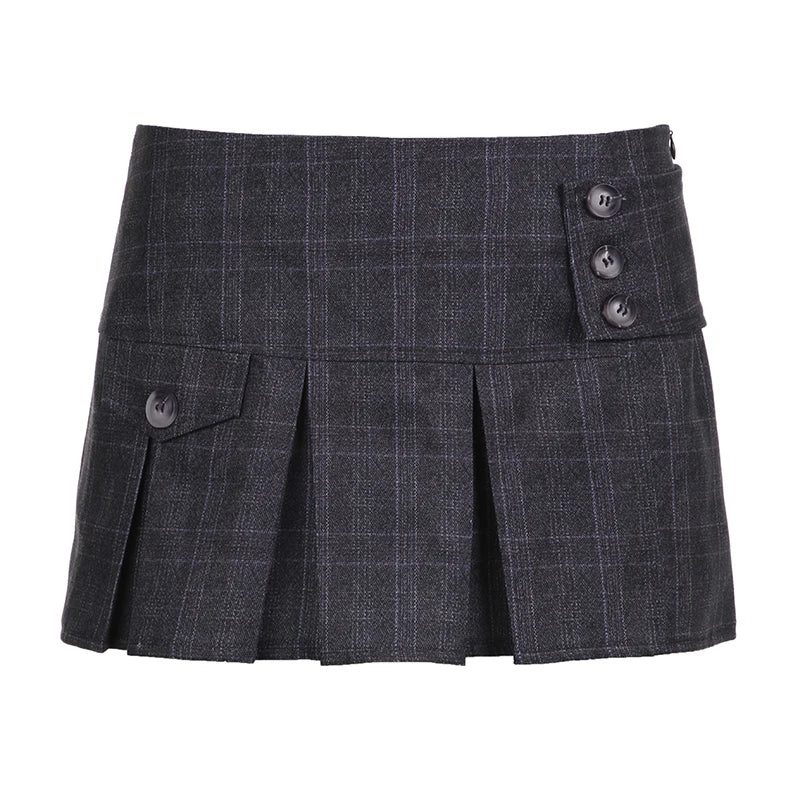 pantsparadises Vintage Plaid Buttons Irregular Hem Pleated Mini Skirt Women Summer Coquette Aesthetic Y2K Outfits Hot Girl Short Skirt