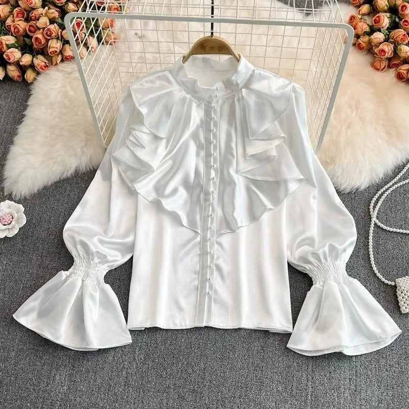 pantsparadises Vintage Solid Blouses Women Elegant Acetate Satin Stand Collar Flare Sleeve Design New Chic Sweet Loose Ruffles Female Mujer