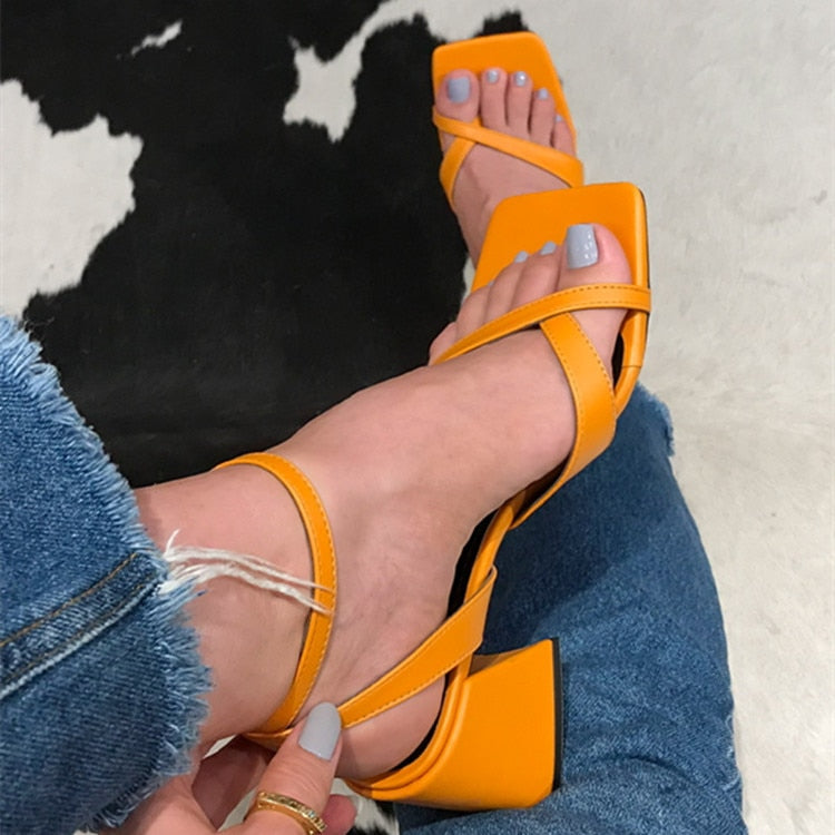 pantsparadises Fashion Square Toe High Heel Sandals Women's Chunky Heel Roman Shoes Luxury Sandals Women Designers Elegant Party Sandals