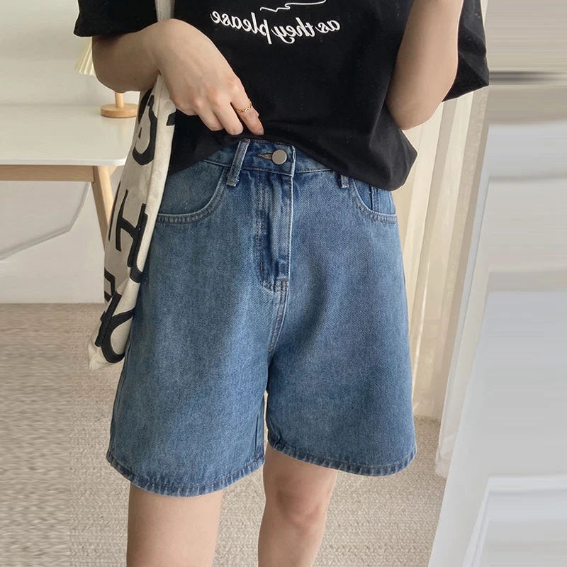 pantsparadises 2024 Classic Denim Shorts Women Summer Blue High Waisted Shorts Casual Wide Leg Pants Stright Jeans Womens Shorts