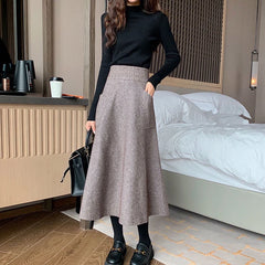 pantsparadises Autumn Winter Women's Knitting New Double Pocket Fluffy Loose Wool Medium And Long Girls' Skirt Leisure Daily Camel Color