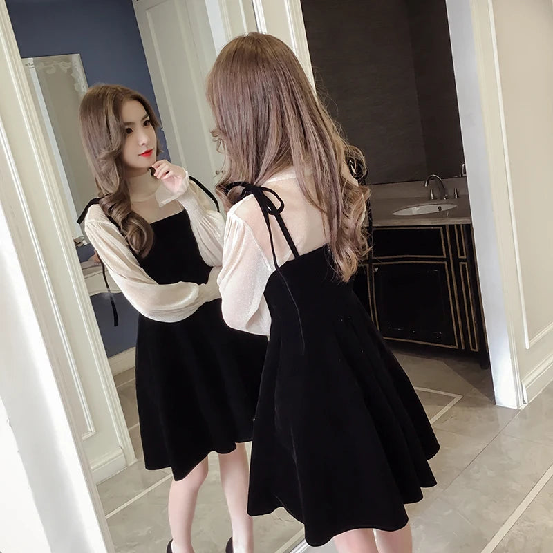 pantsparadises Spring New Elegant Two Piece Dress for Women Women Winter Korean A-Line O-Neck Tops and Black Sundress Streetwear Dress Vestidos