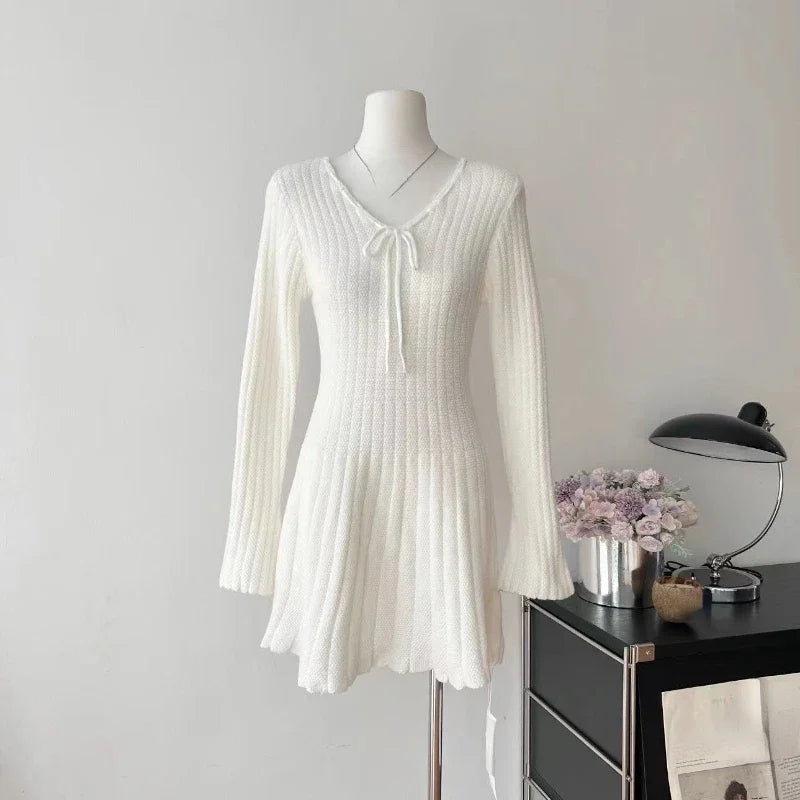 pantsparadises cute winter outfits Sweet Knitted Sweater Dress Women Casual Long Sleeve Elegant French Y2k Mini Dress Even Party Autumn Korean Fashion Chic