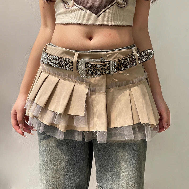 pantsparadises Fairycore Grunge A-line Cargo Skirt Khaki Low-waisted Mesh Patchwork Pleated Super-short Skirts Layering Bottoms Street