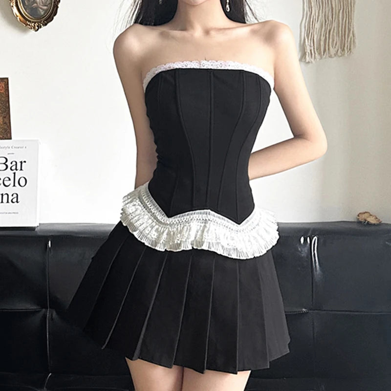 pantsparadises y2k Tube Top Women Coquette Clothes Lace Trim Off Shoulder Strapless Sleeveless Zip Up Bandeau 2000s Vest Clothing