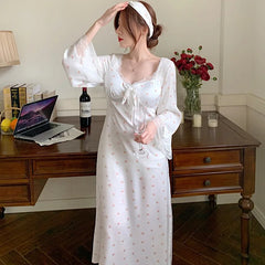 pantsparadises Retro Court Style Square Collar Long Sleeve Nightdress New Spring Women Nightgown Sleepwear Sweet Print Flower Lace Home Dress