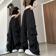 pantsparadises Hip Hop Cargo Pants Women Jazz Black Big Pockets Streetwear Trousers High Waisted Solid Fashion Harajuku Y2K Wide-Legged Pants