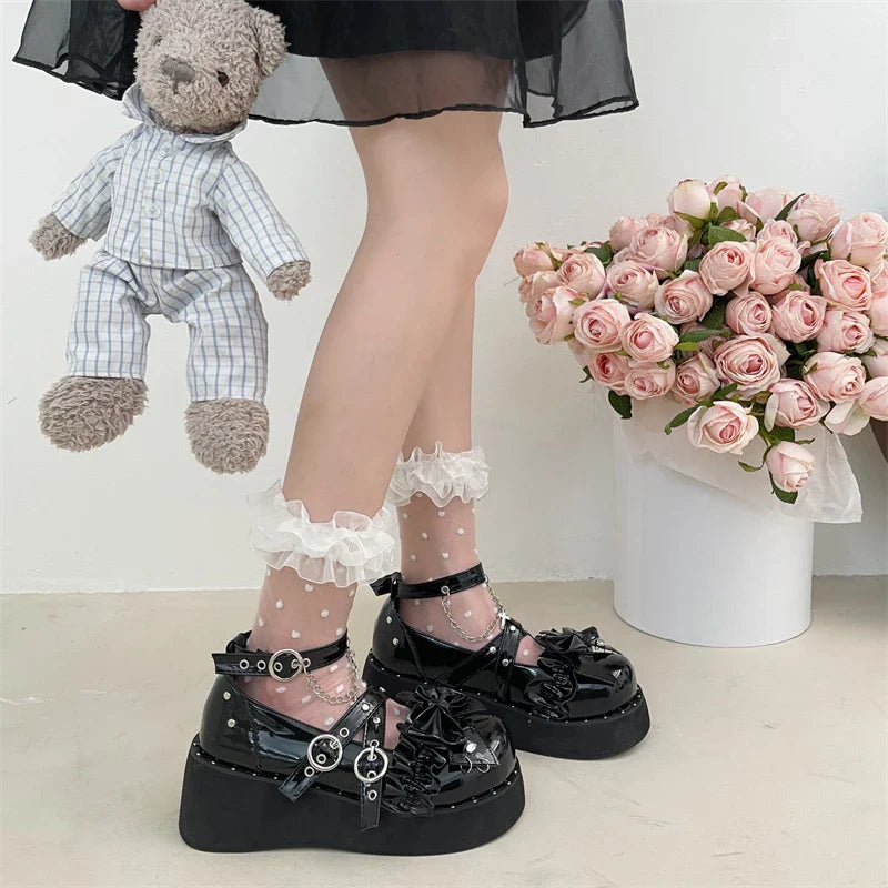 pantsparadises Y2K Metal Chains Punk Gothic Shoes Women Black Patent Leather Buckle Strap Wedges Pumps Woman Thick Platform Rivet Lolita Shoes