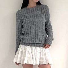 Harajuku Gray Casual Sweater Y2K Knitted Long Sleeve Autumn Sweaters for Women Vintage Crew Neck Basic Jumper Korean